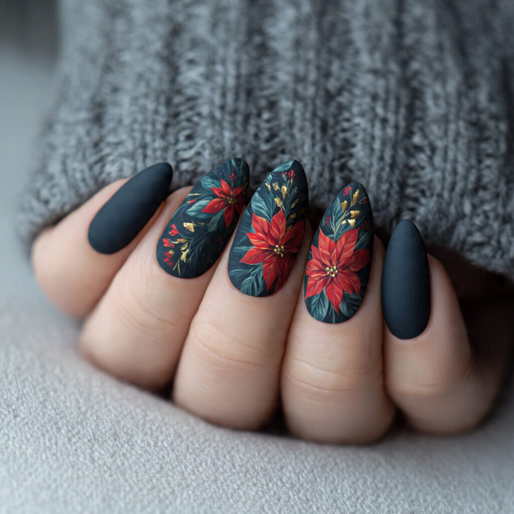 matte midnight poinsettia nails pin style with