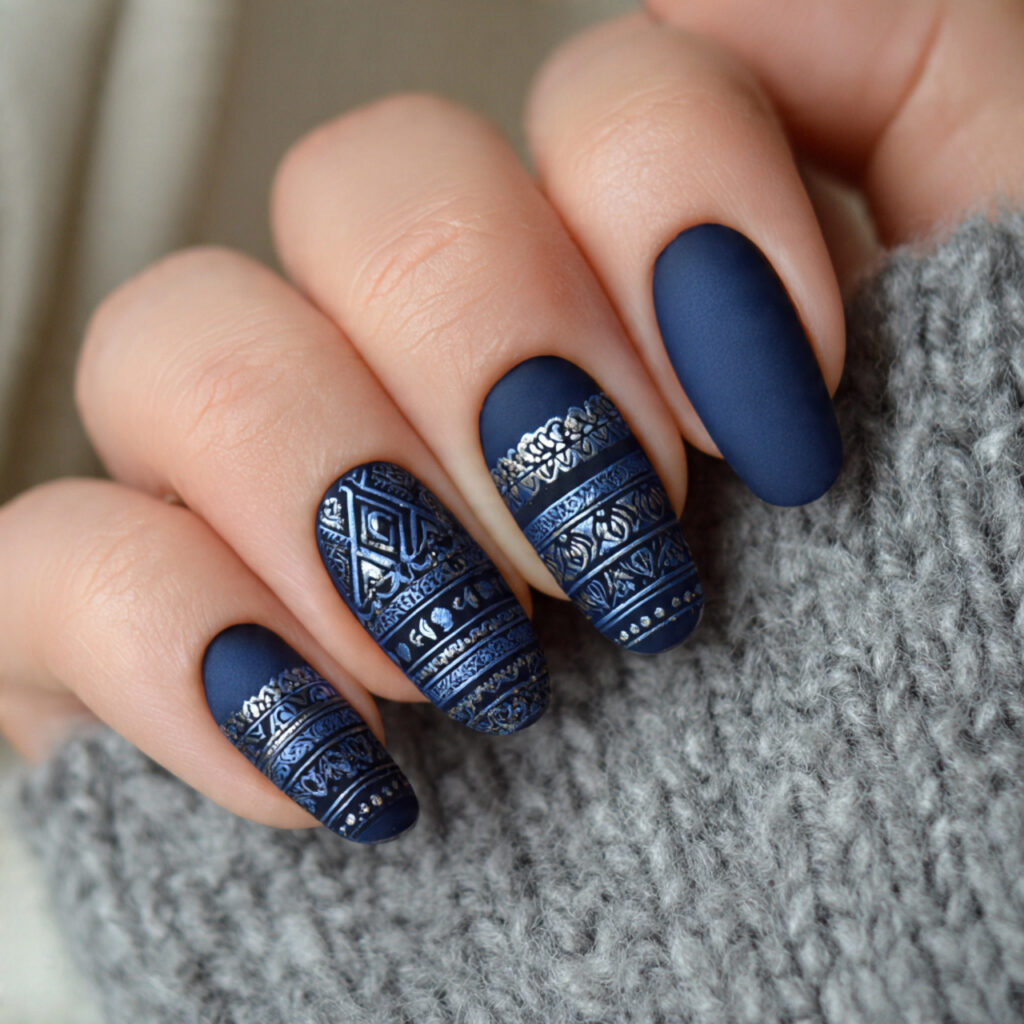 27 Navy Blue Winter Nails That Feel Cozy, Bold, and Chic 16 matte nordic winter navy nails