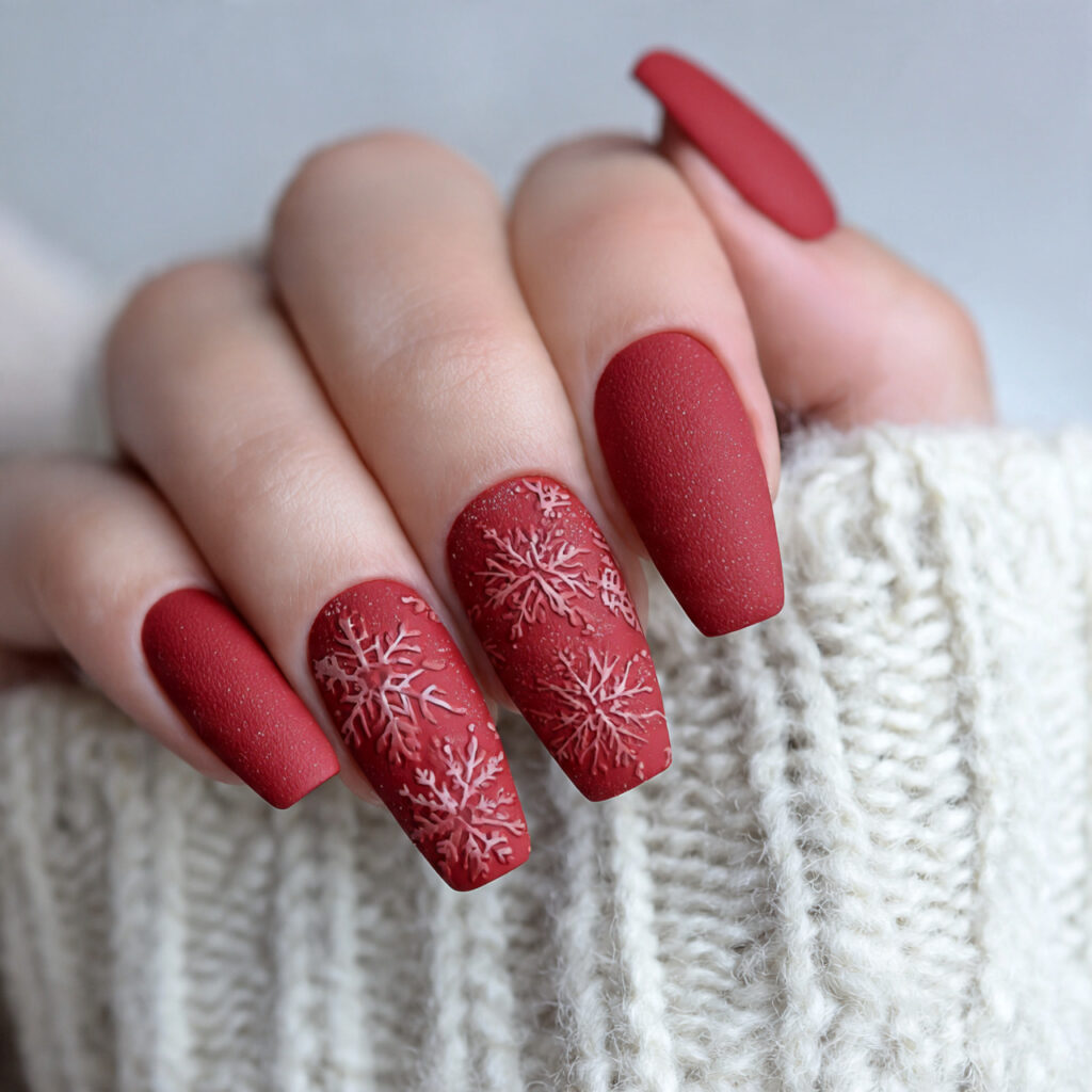 matte red frostflake nails
