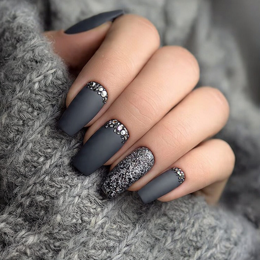 27 Gray Winter Nails That Feel Cozy, Chic, and Cool 14 matte snowburst glam gray winter nails feel