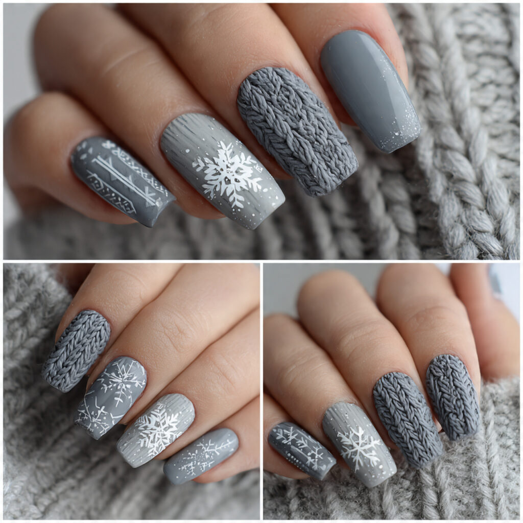 27 Gray Winter Nails That Feel Cozy, Chic, and Cool 7 matte snowflake sweater mix gray nails feel