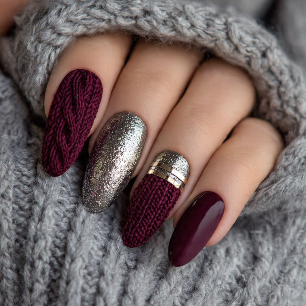 27 Burgundy Winter Nails That Feel Cozy, Rich, and Chic 16 metallic knit burgundy winter nails feel cozy