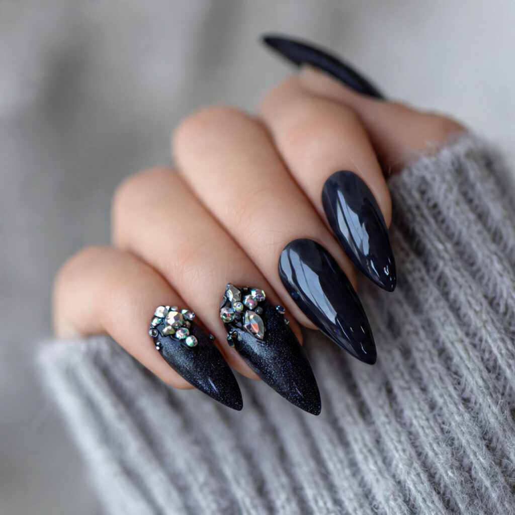 midnight crystal noir stiletto nails feel bold