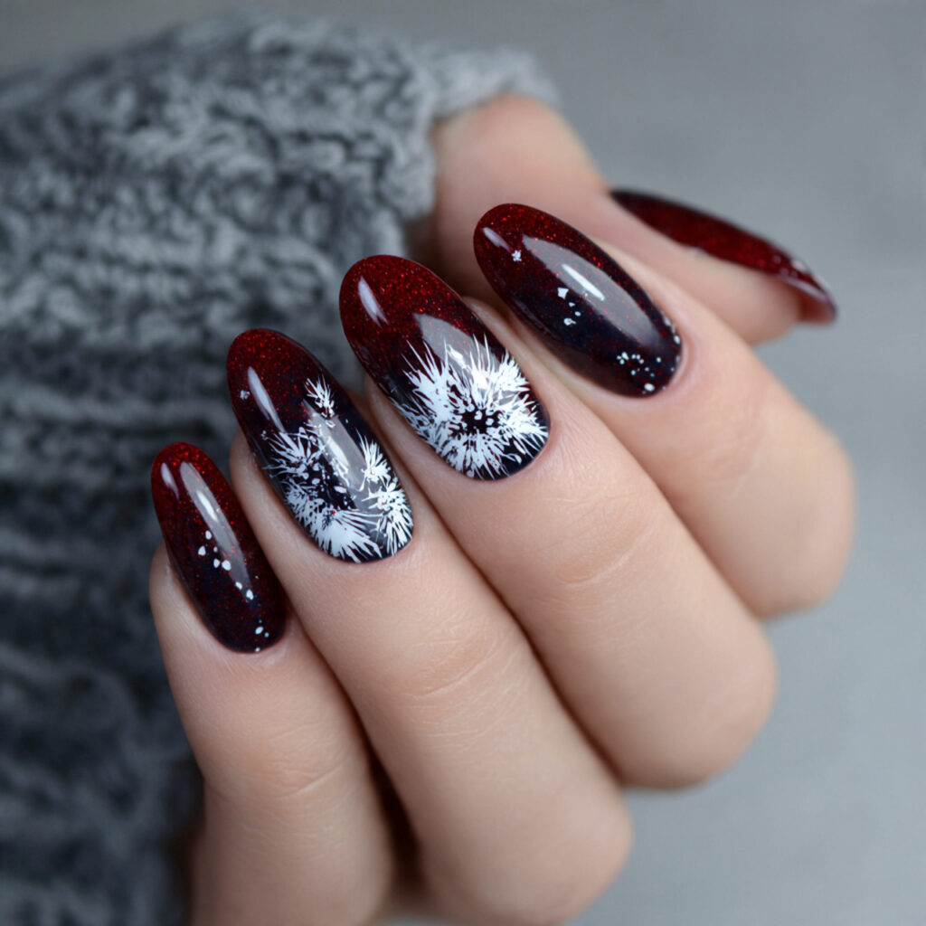 midnight snowburst nails with dark red polish