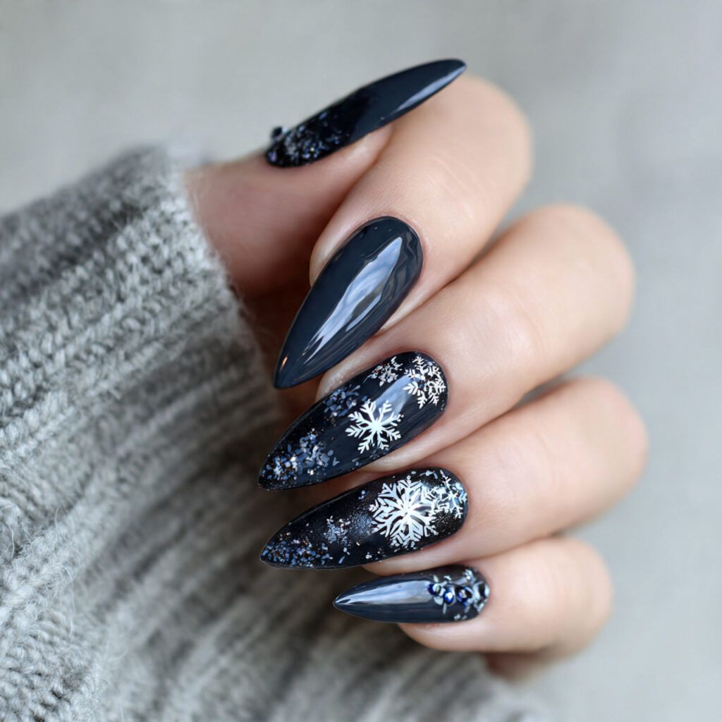 midnight snowflake chic stiletto nails feel classic