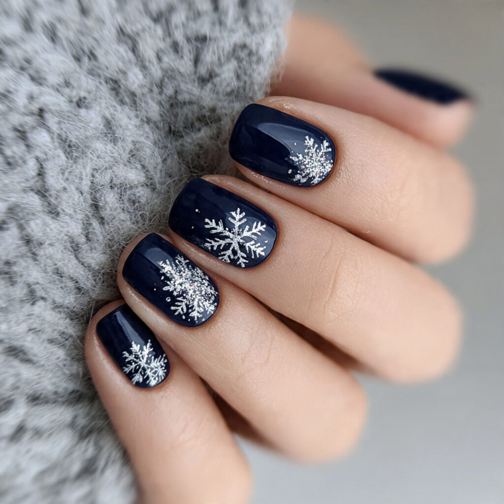 midnight snowflake nails use dark bases with