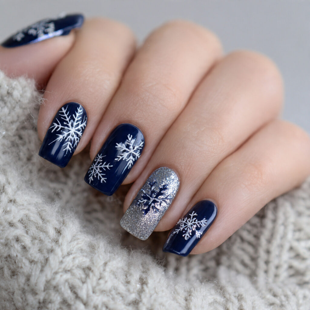 27 Navy Blue Winter Nails That Feel Cozy, Bold, and Chic 19 midnight snowflake navy winter nails feel classic