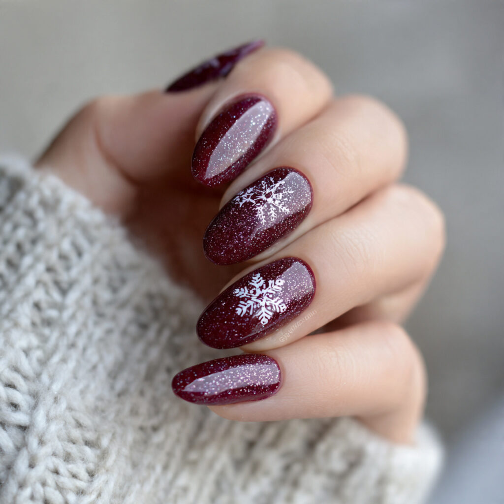 27 Burgundy Winter Nails That Feel Cozy, Rich, and Chic 5 midnight snowflake sparkle burgundy nails