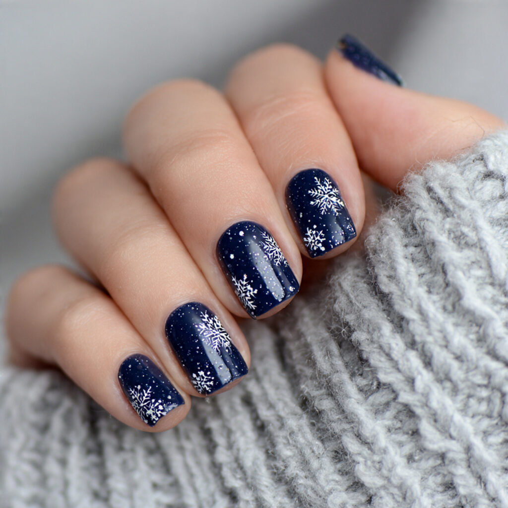 27 Navy Blue Winter Nails That Feel Cozy, Bold, and Chic 11 mini snowflake sparkle navy nails feel delicate