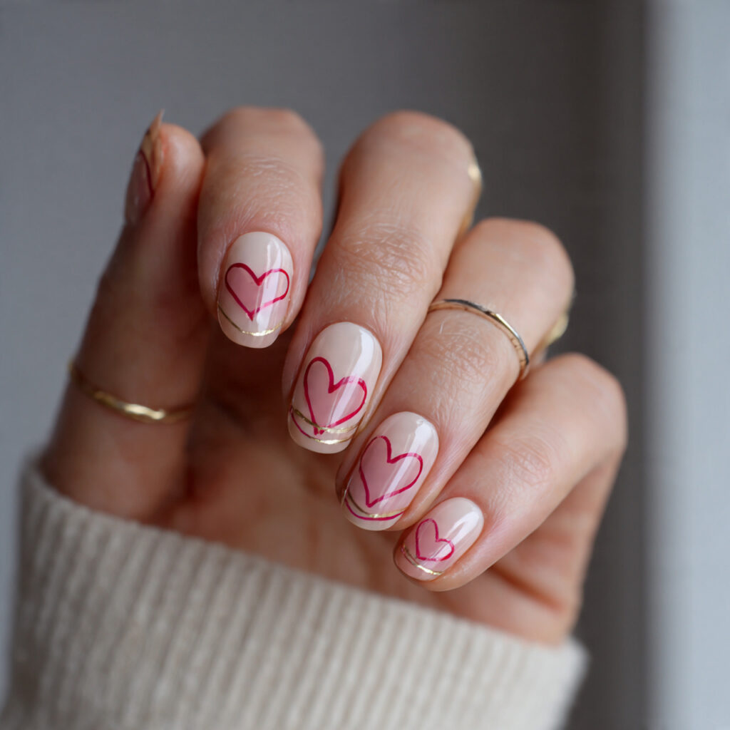 minimal line art valentine nails with neutral