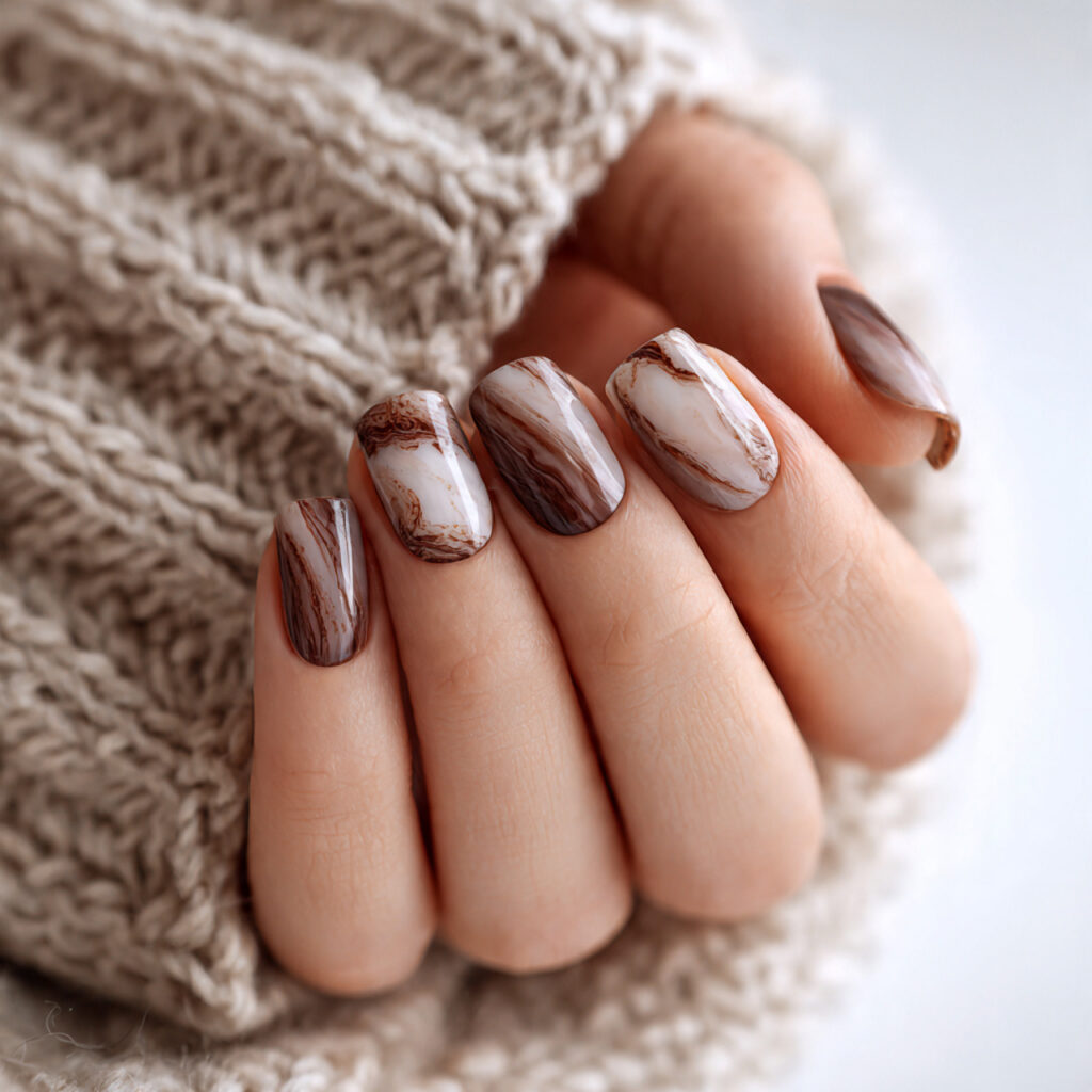 mocha marble nails feel warm and artistic