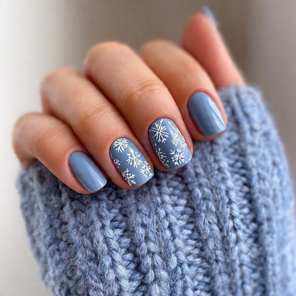 muted blue short winter nails feel warm