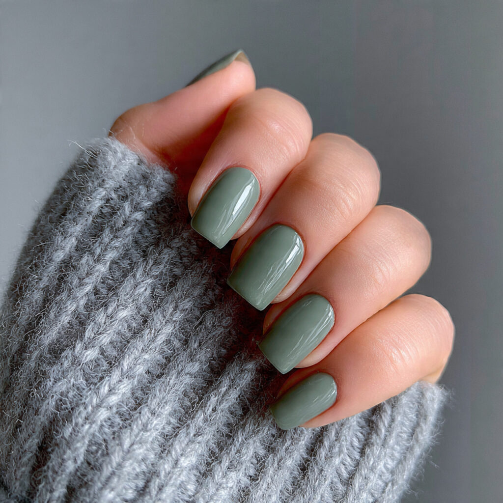 muted green short square winter nails with