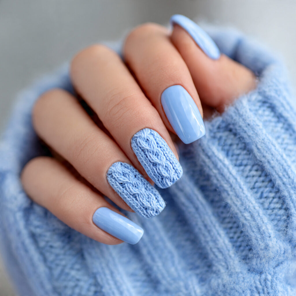 nails with a powder blue sweater mix