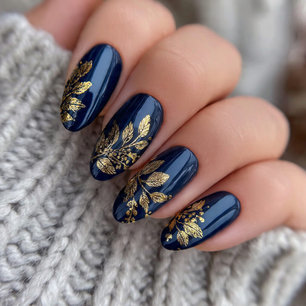 navy blue nails with gold designs for