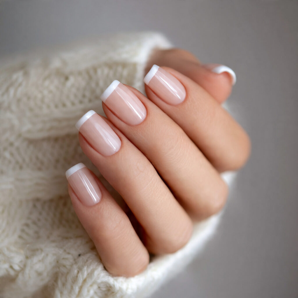 neutral beige nails with white tips offer