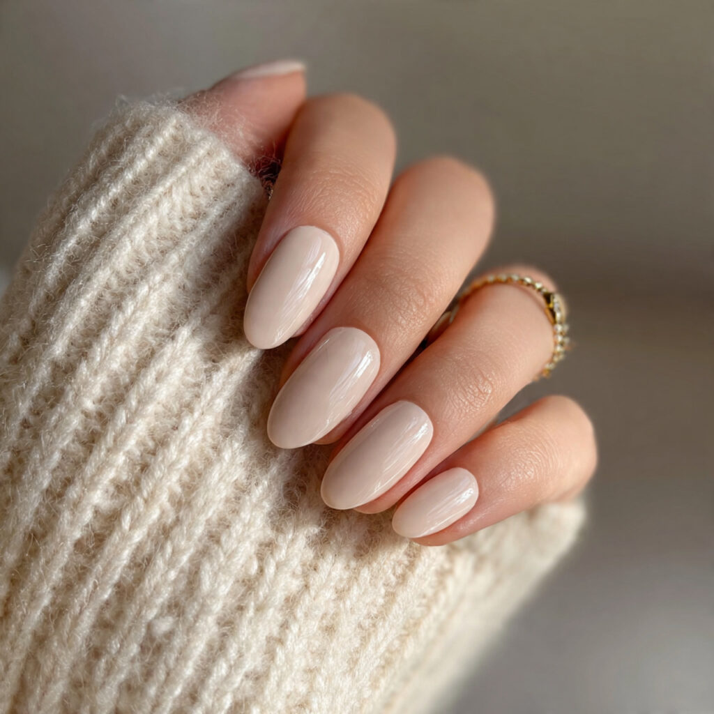 neutral january nails with milky beige finish