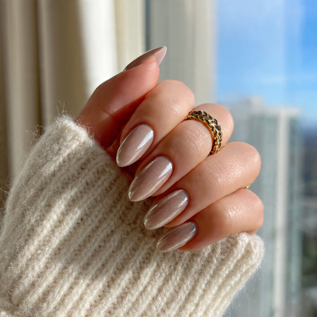 neutral january nails with natural almond shape