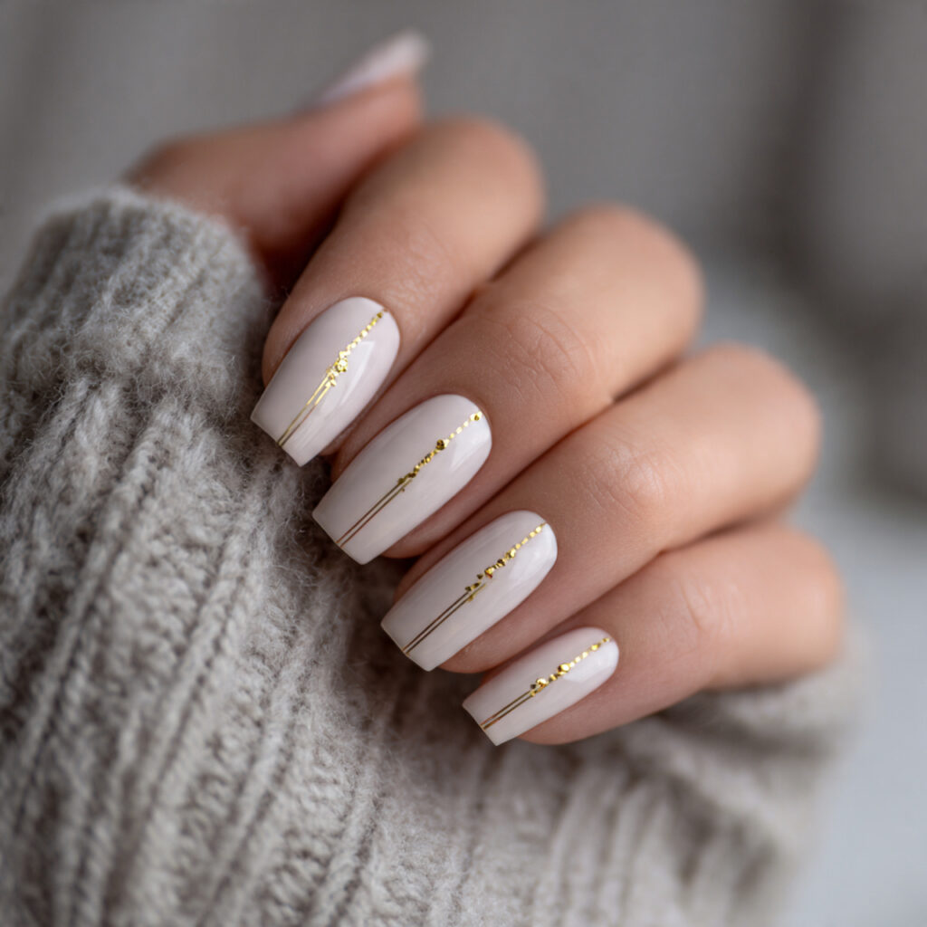 neutral winter coffin nails with gold accents