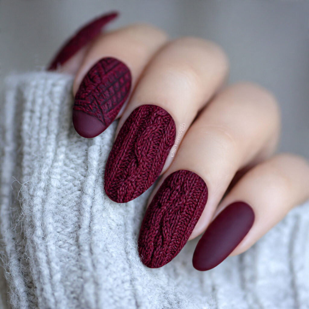 27 Burgundy Winter Nails That Feel Cozy, Rich, and Chic 8 nordic knit burgundy winter nails feel cozy
