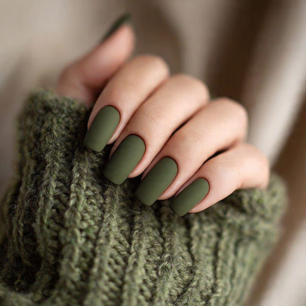 27 Dark Green Winter Nails for a Rich and Cozy Look 7 olive dark green winter nails feel earthy