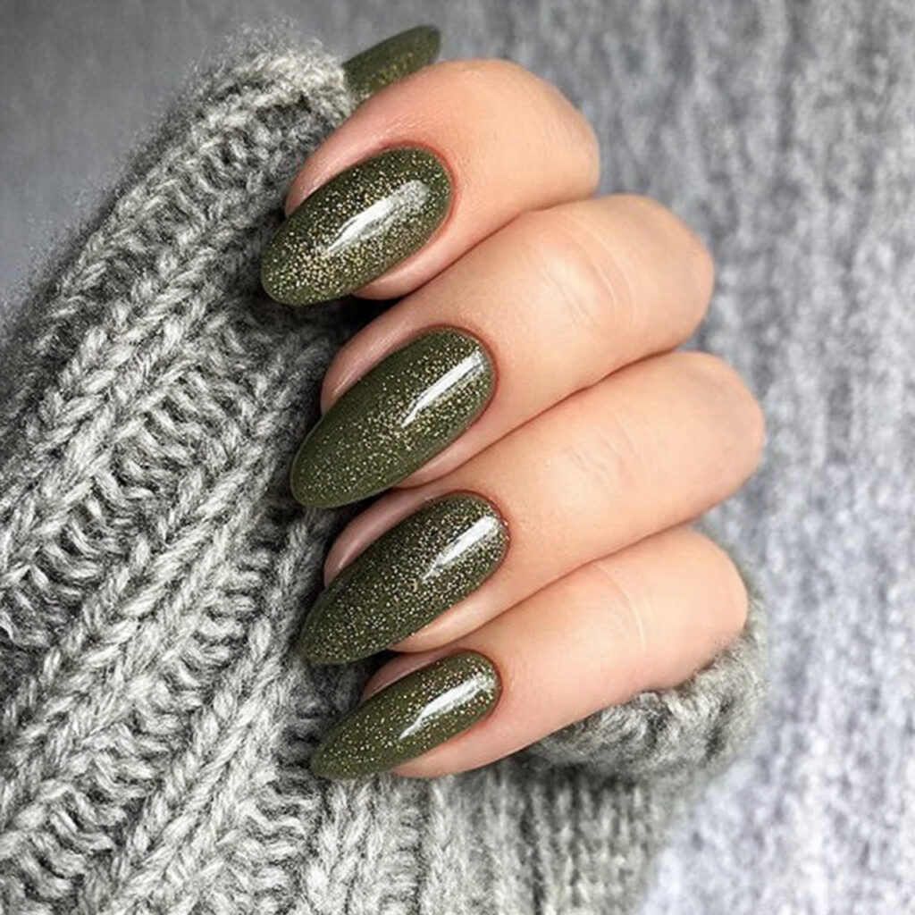 olive sparkle nails feel earthy and cozy