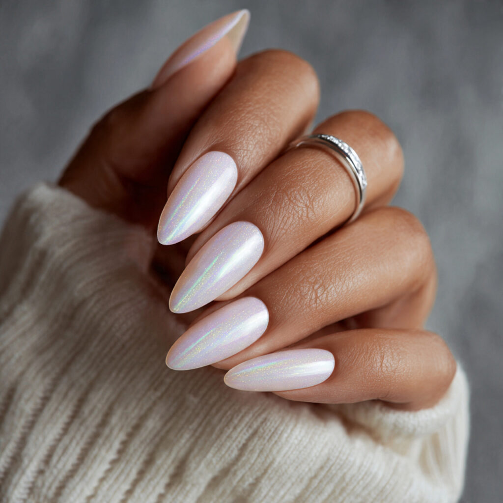 opalescent white nails reflect light beautifully they