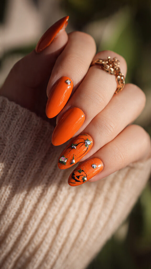 orange almond nails with pumpkin faces and