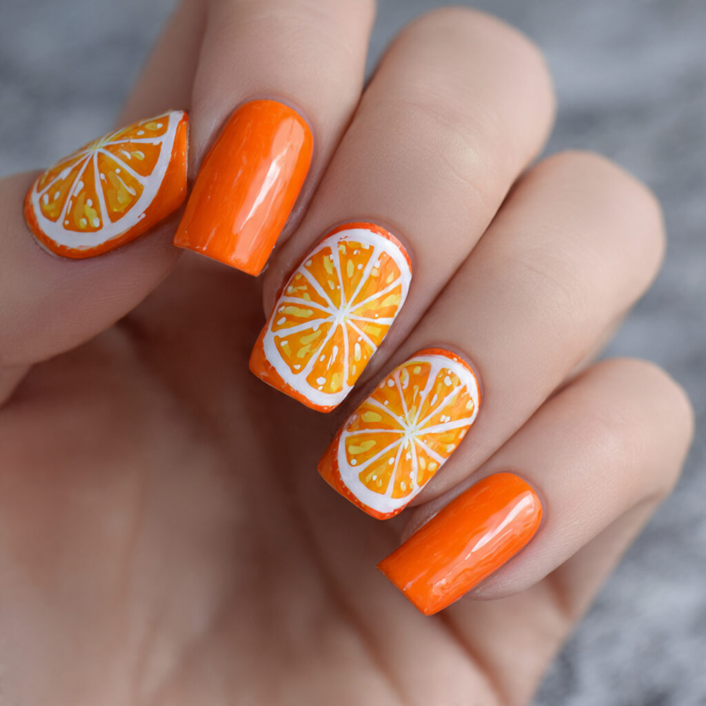 25 Fruit Nail Ideas for a Fresh, Fun, and Colorful Look 8 orange nails giving a bright citrus look