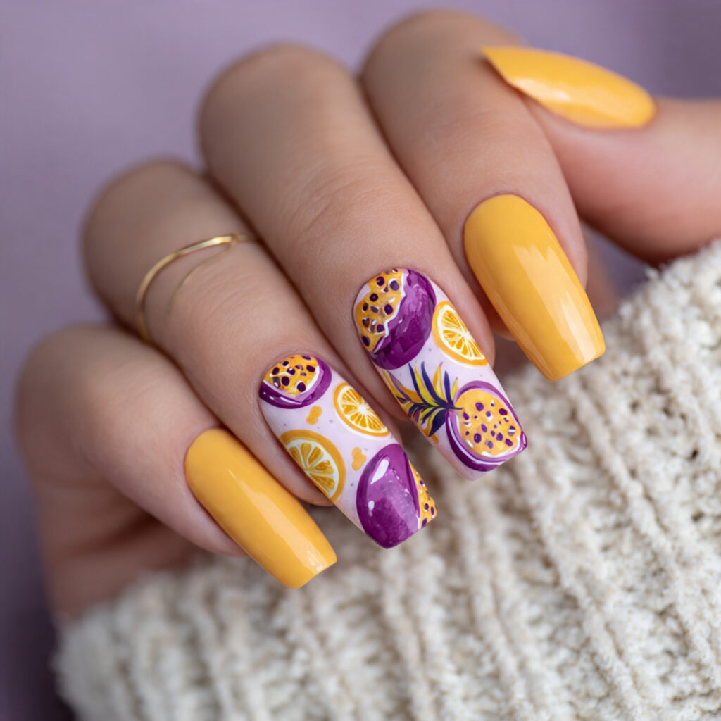 25 Fruit Nail Ideas for a Fresh, Fun, and Colorful Look 24 passionfruit nails mix yellow purple and white