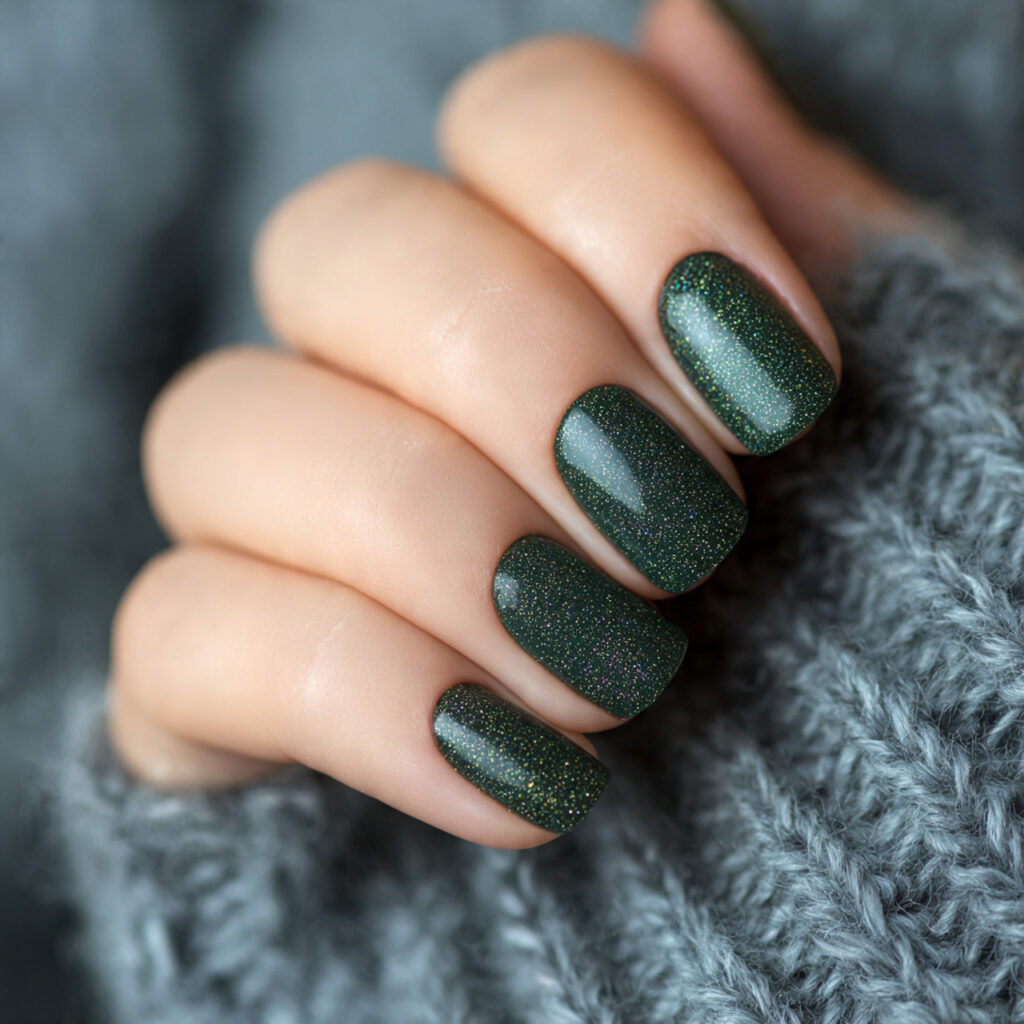 pine glow nails add gentle shimmer to