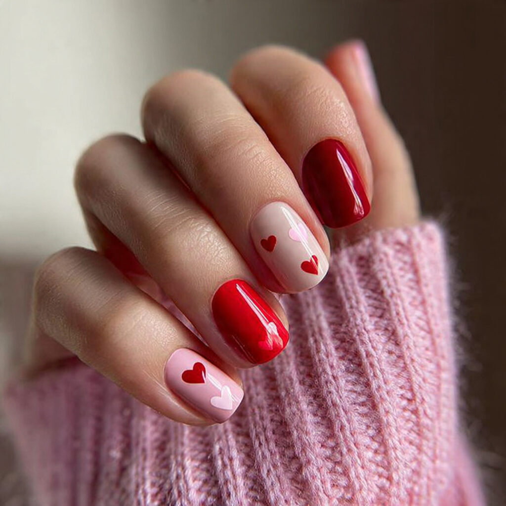pink and red valentine nails with a