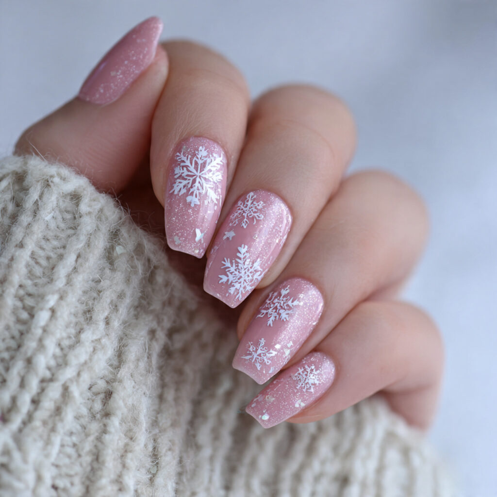 pink snowflake shimmer winter nails pin style