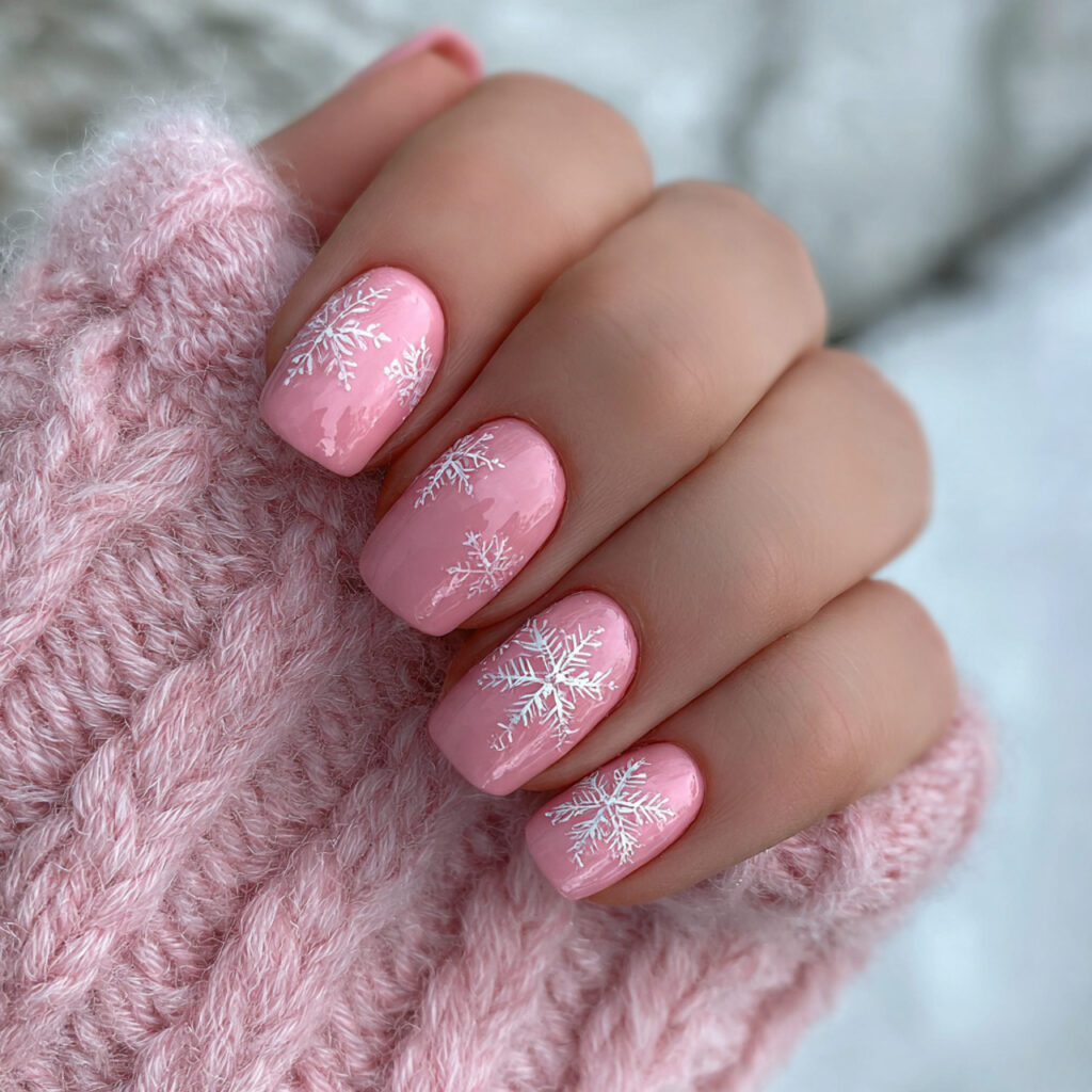 pink snowflake winter nails with short nails