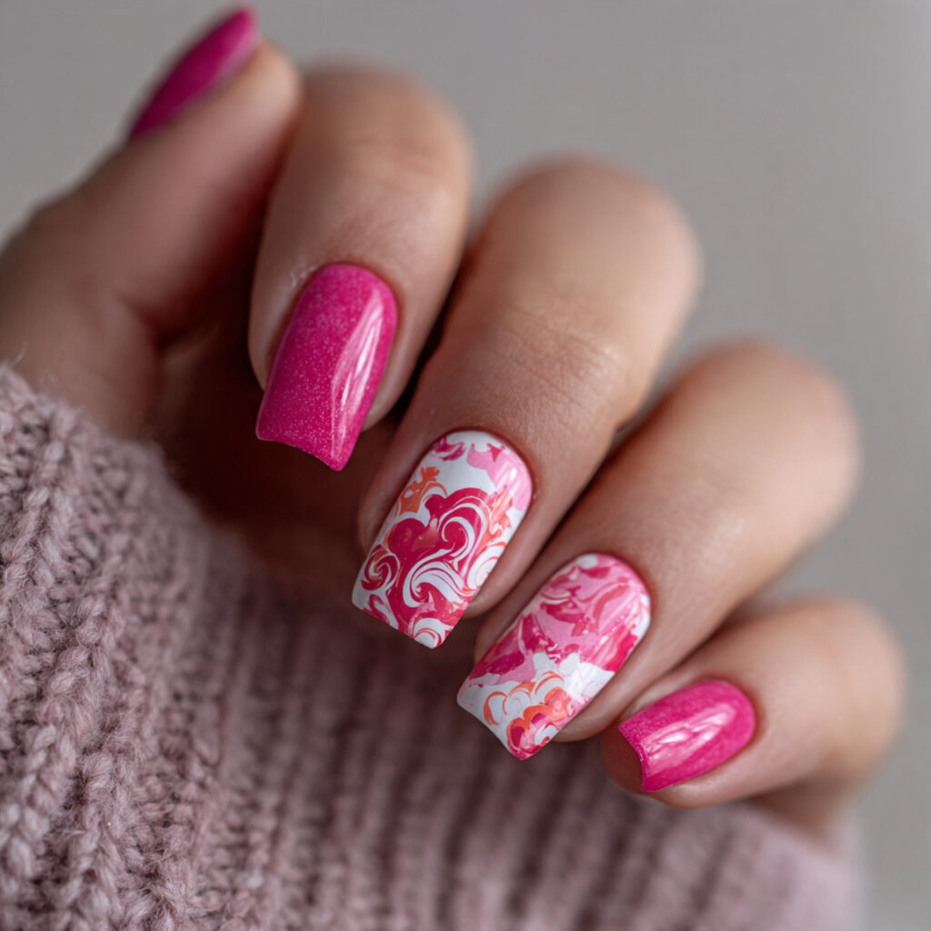 pink valentine nails with abstract patterns