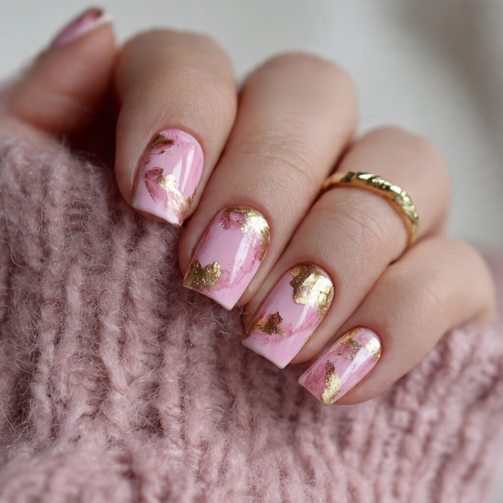 pink valentine nails with gold foil touches