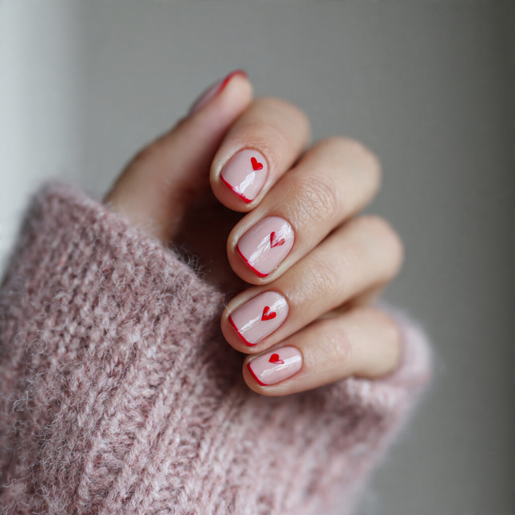 pink valentine nails with minimal red accents