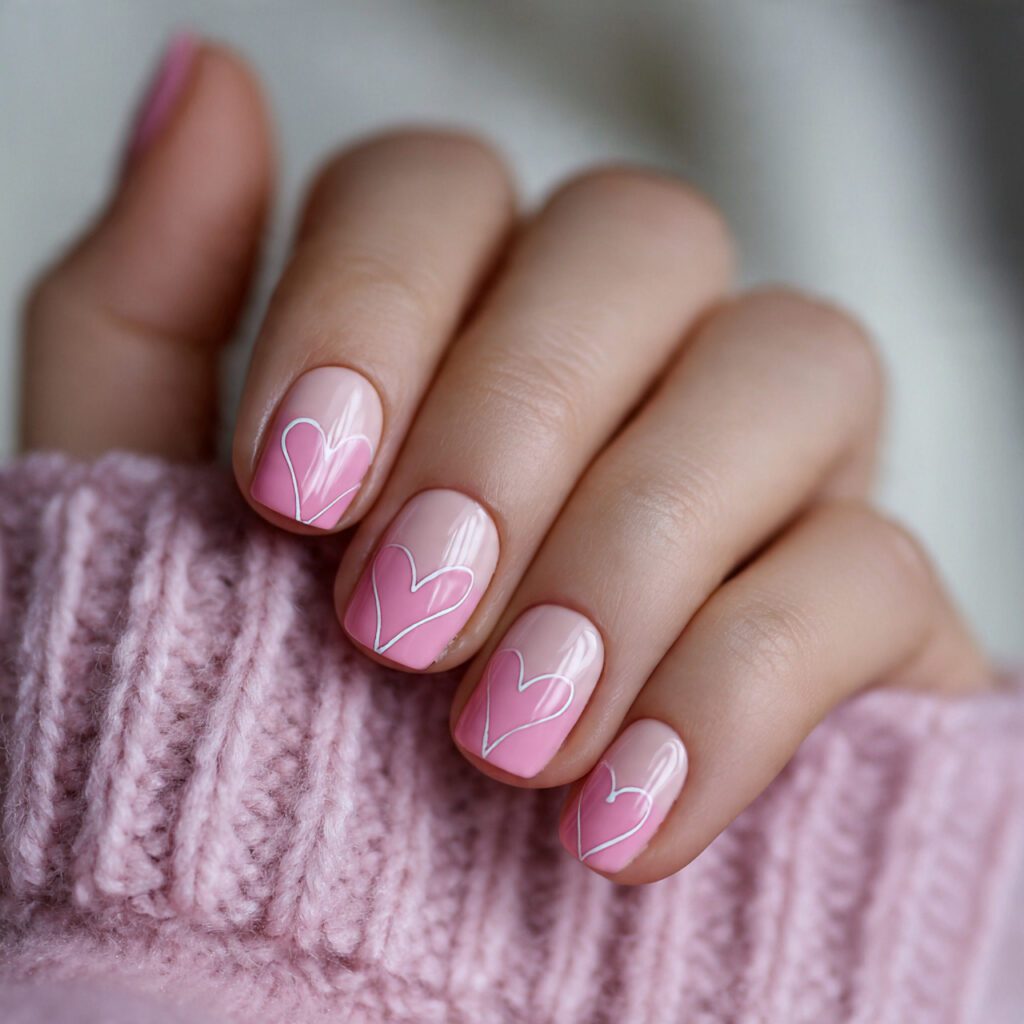 pink valentine nails with simple line art
