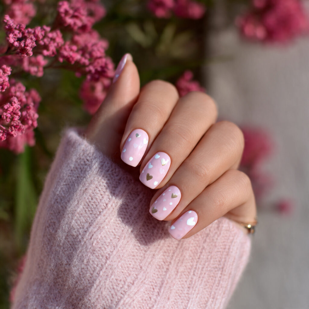 pink valentine nails with subtle heart details