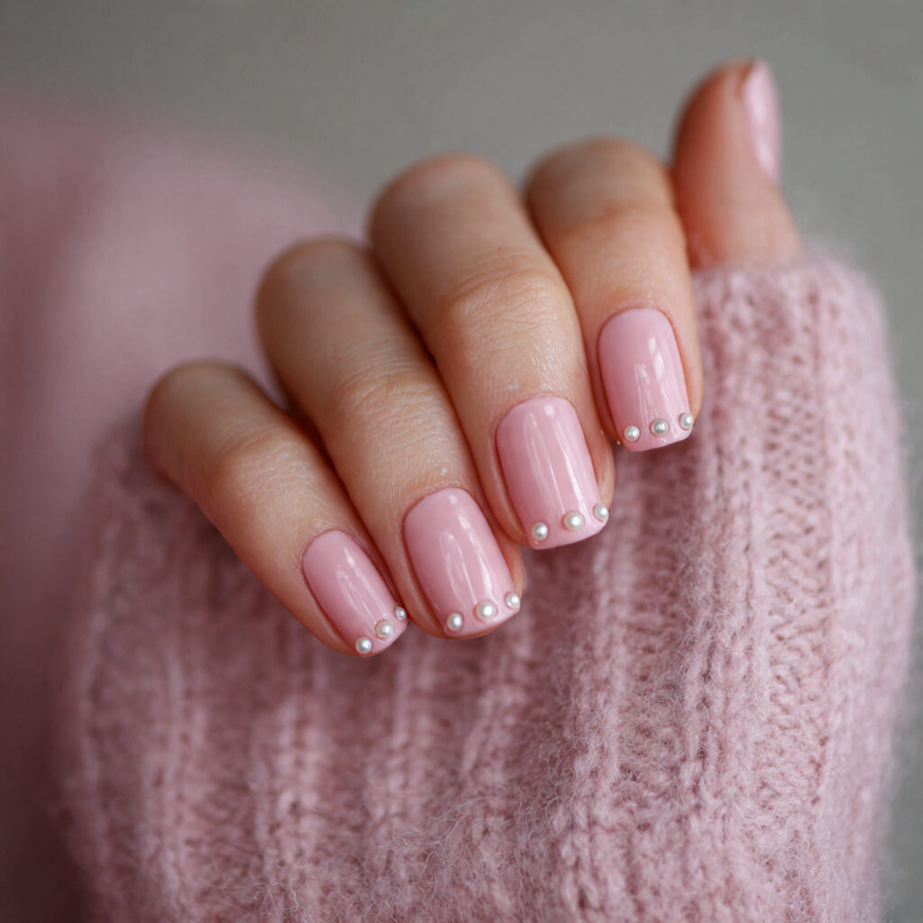 pink valentine nails with tiny pearl details