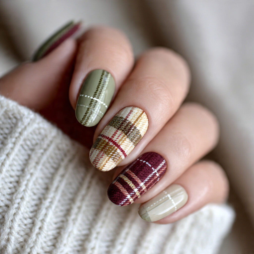 plaid and solid mix nails are cute