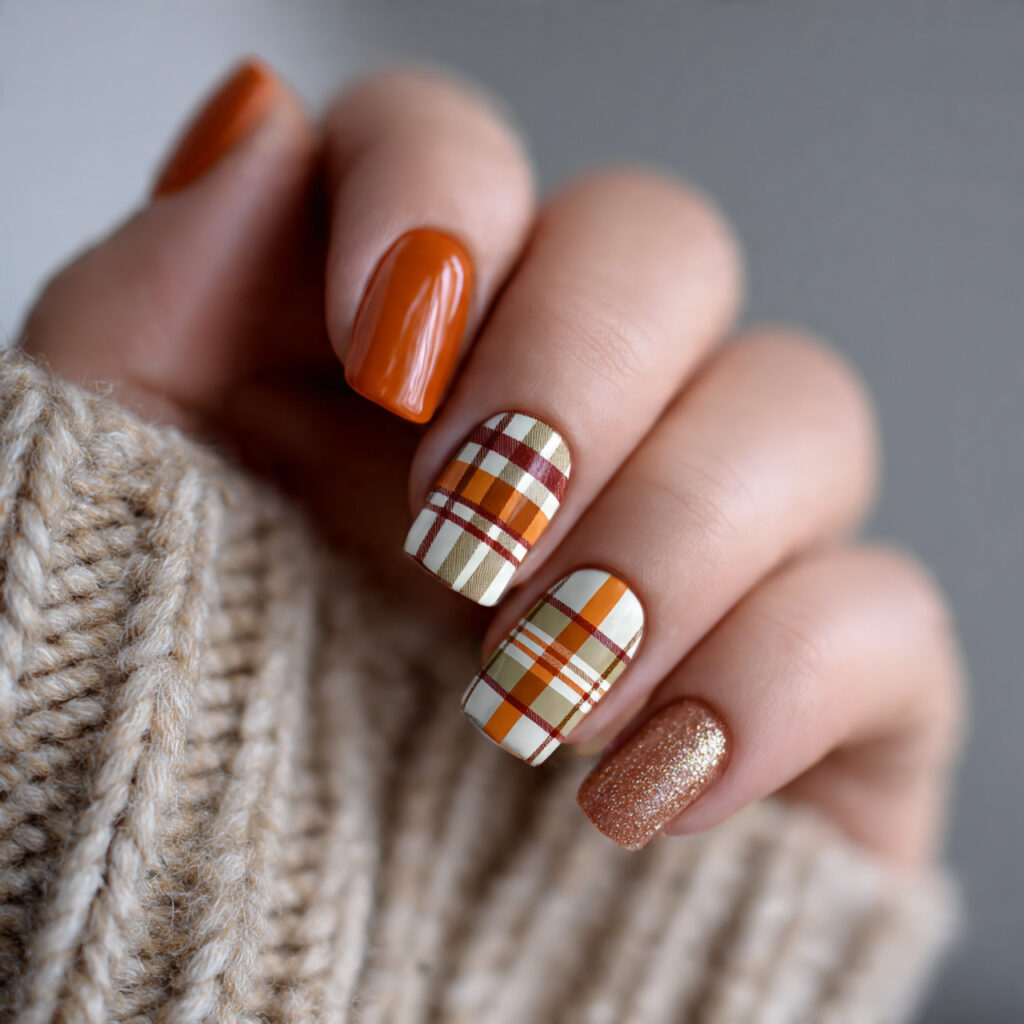 plaid nails bring a warm cozy feeling