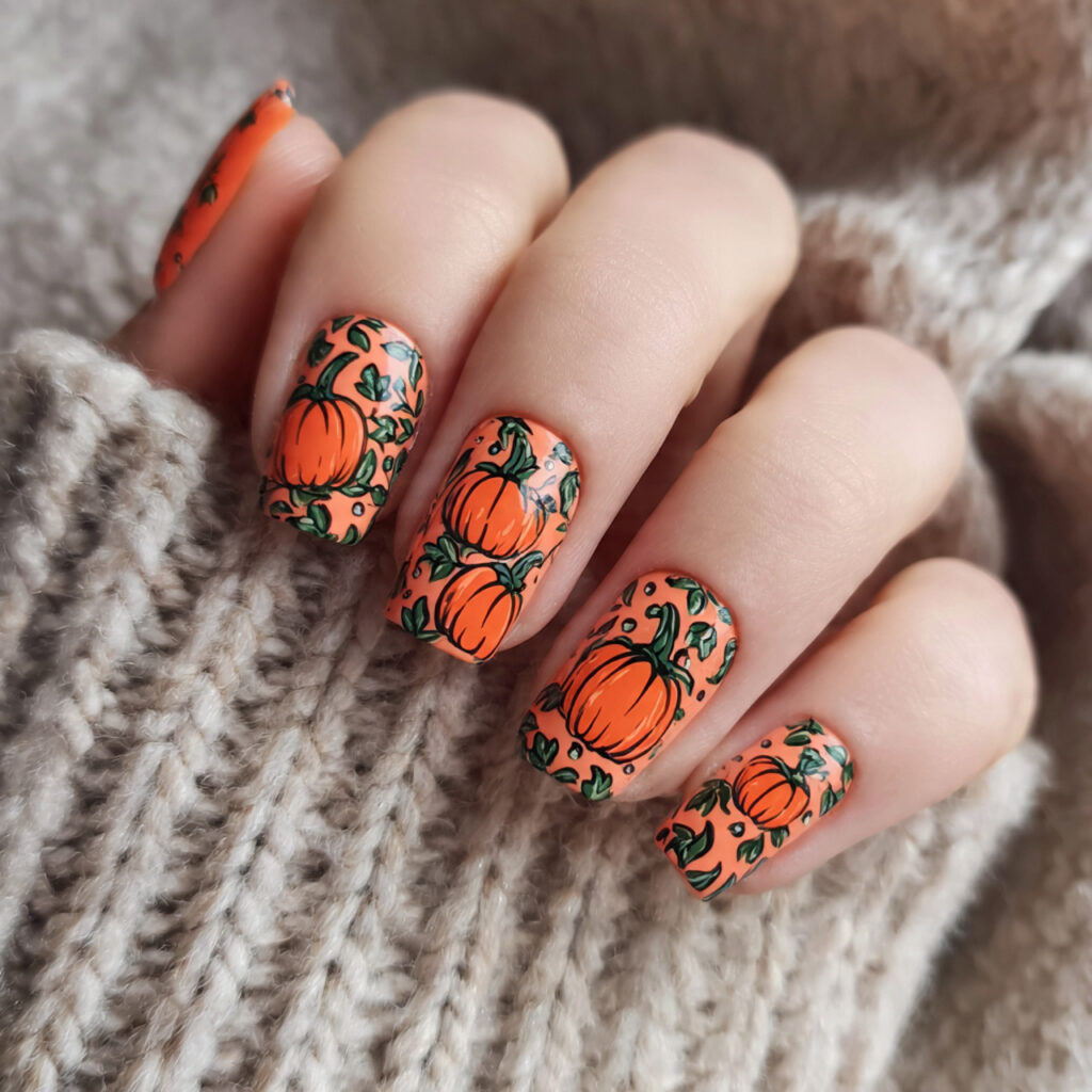 pumpkin patch nails show small pumpkins vines