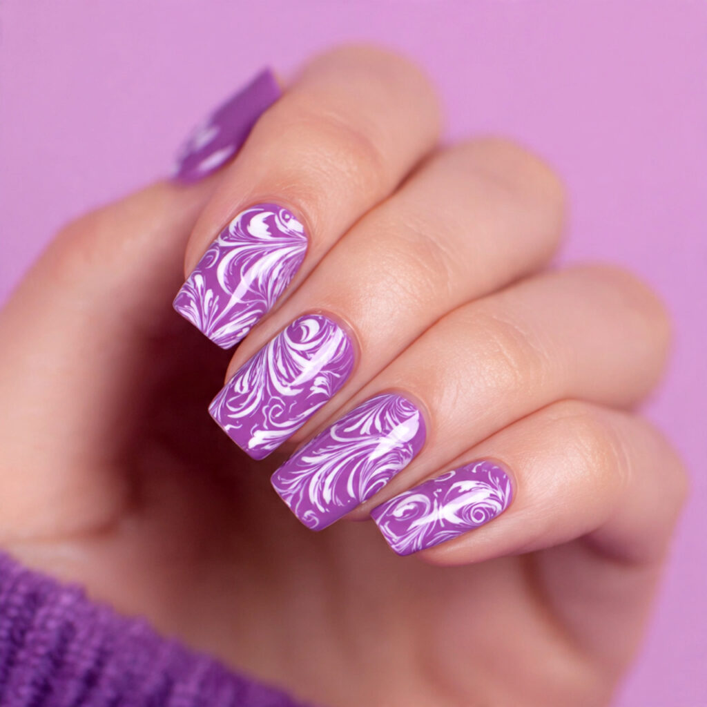 23 Purple Winter Nails That Feel Soft, Trendy, and Pretty 14 purple winter nails with white swirls feel
