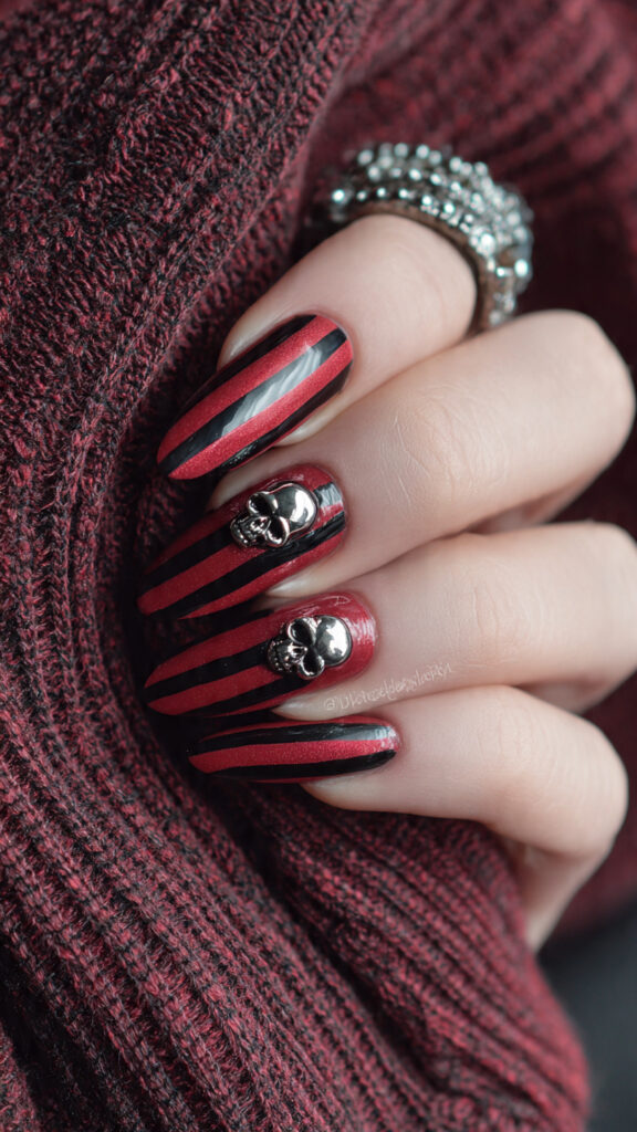 red and black stripes with a skull