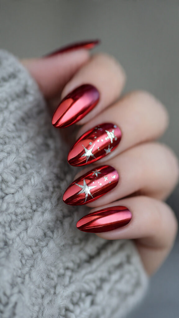 red chrome nails are shiny bold and