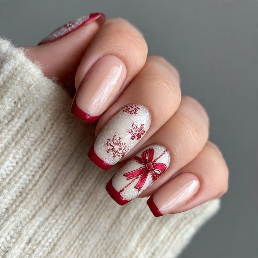 red ribbon french tips on fingernails with