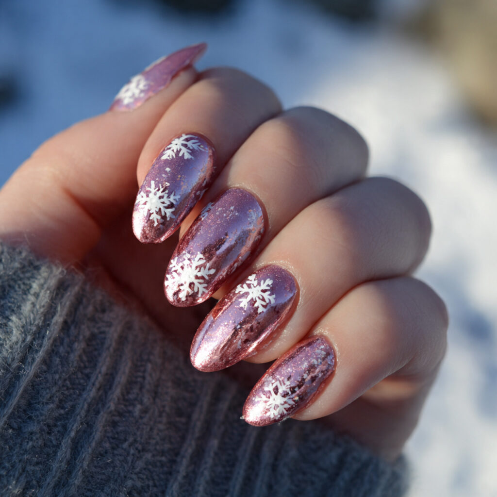 rose chrome snowflake nails