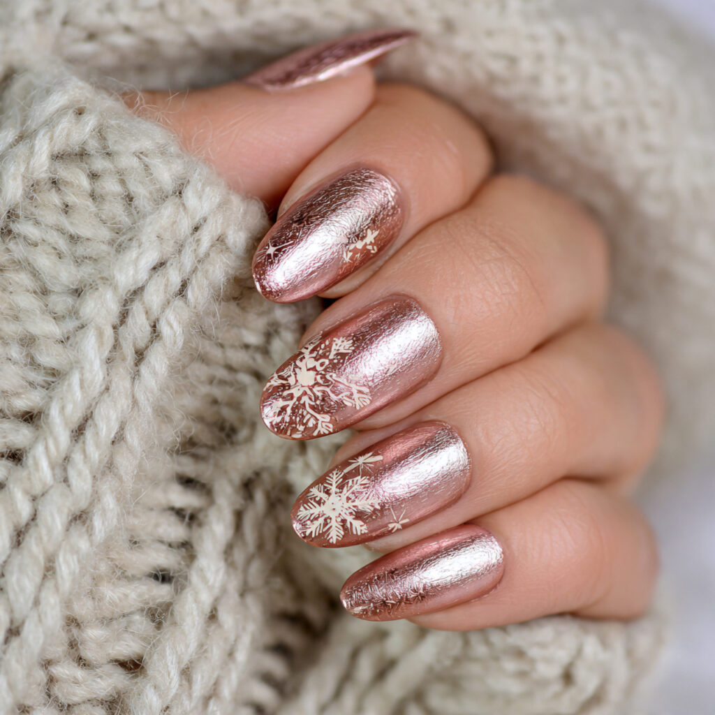 rose gold snowfall chrome nails offer a