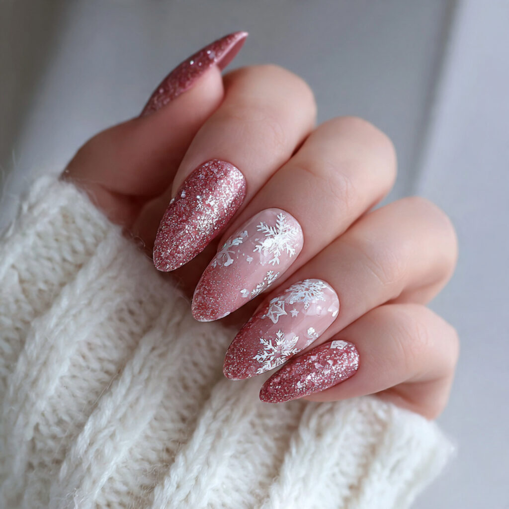 rosy snowfall glam glitter nails mix warmth